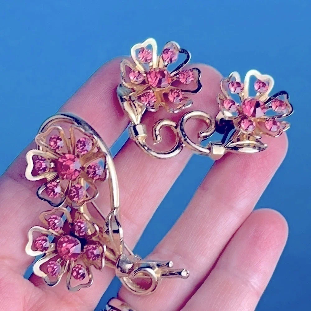 Vintage CORO 1950s Pink Rhinestone Floral Demi-Parure Brooch Earrings Set